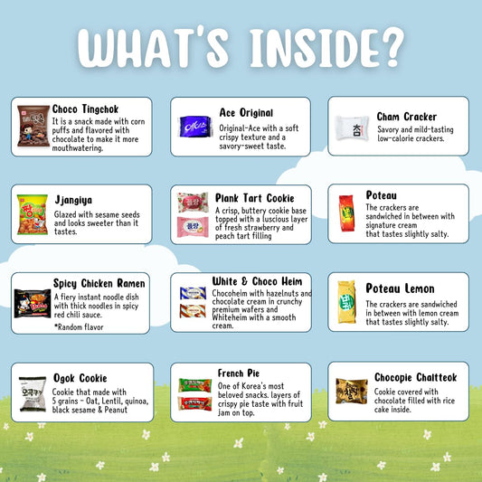 Korean snack box variety pack, 50 count individually wrapped, care package sampler with candy, cookies, chips, and treats, gift bundle for kids, students, adults, and snack lovers