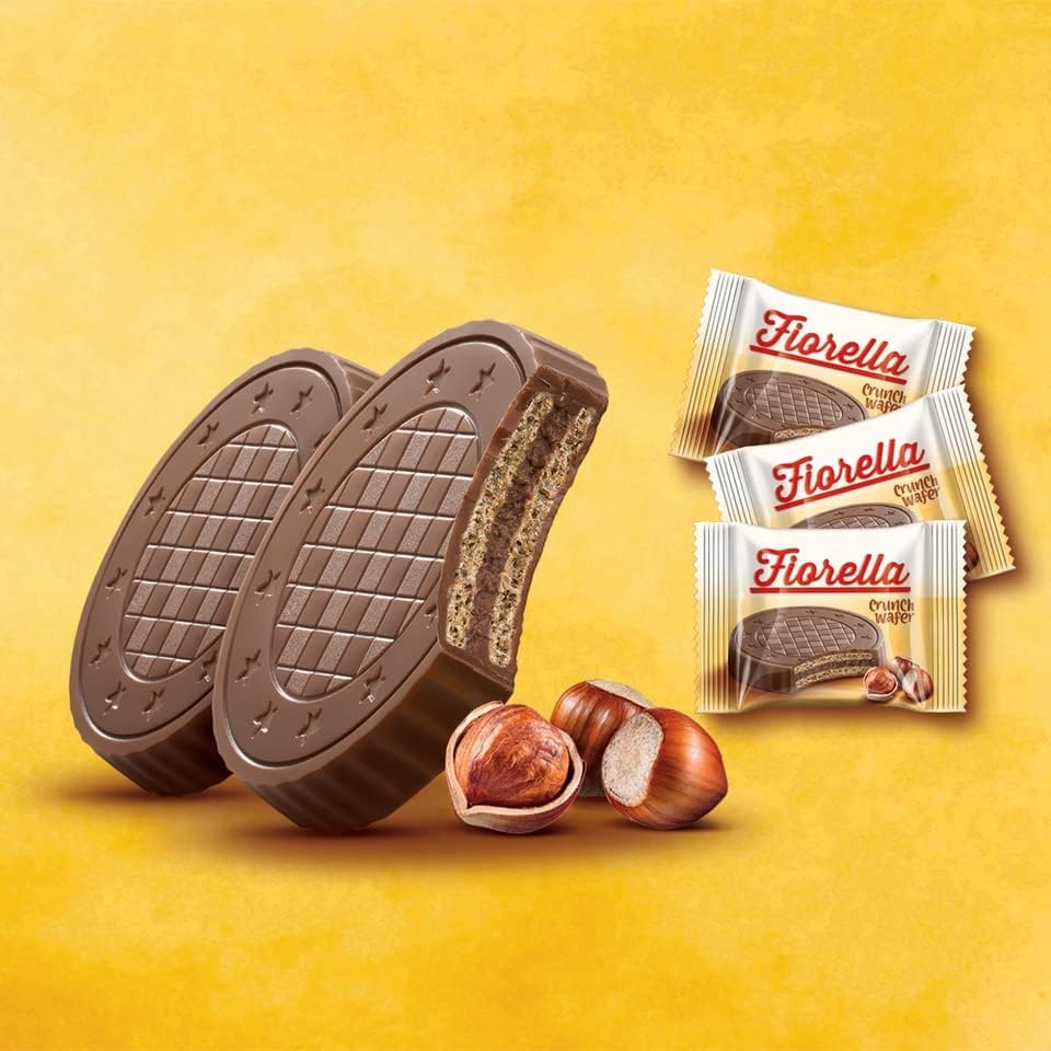 Fiorella Crunch Wafer Cookies - Delicious Chocolate Covered Crispy Thin Wafers with Layers of Hazelnut Cream Filling, Individually Wrapped, Perfect for Snacks, (Pack of 18)