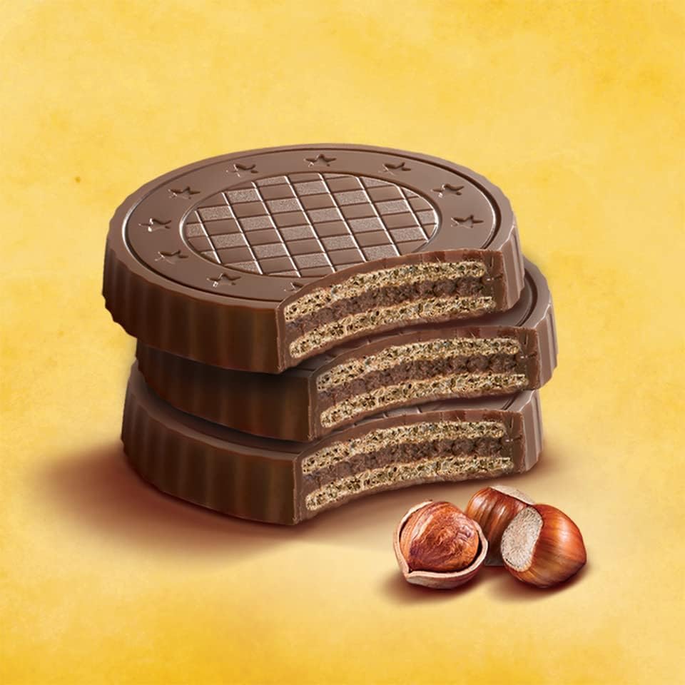Fiorella Crunch Wafer Cookies - Delicious Chocolate Covered Crispy Thin Wafers with Layers of Hazelnut Cream Filling, Individually Wrapped, Perfect for Snacks, (Pack of 18)