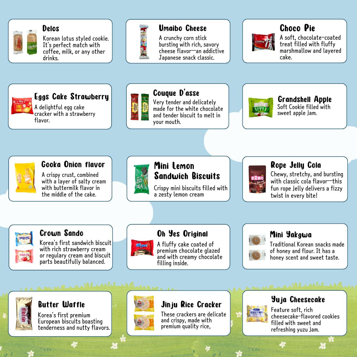 Korean snack box variety pack, 50 count individually wrapped, care package sampler with candy, cookies, chips, and treats, gift bundle for kids, students, adults, and snack lovers