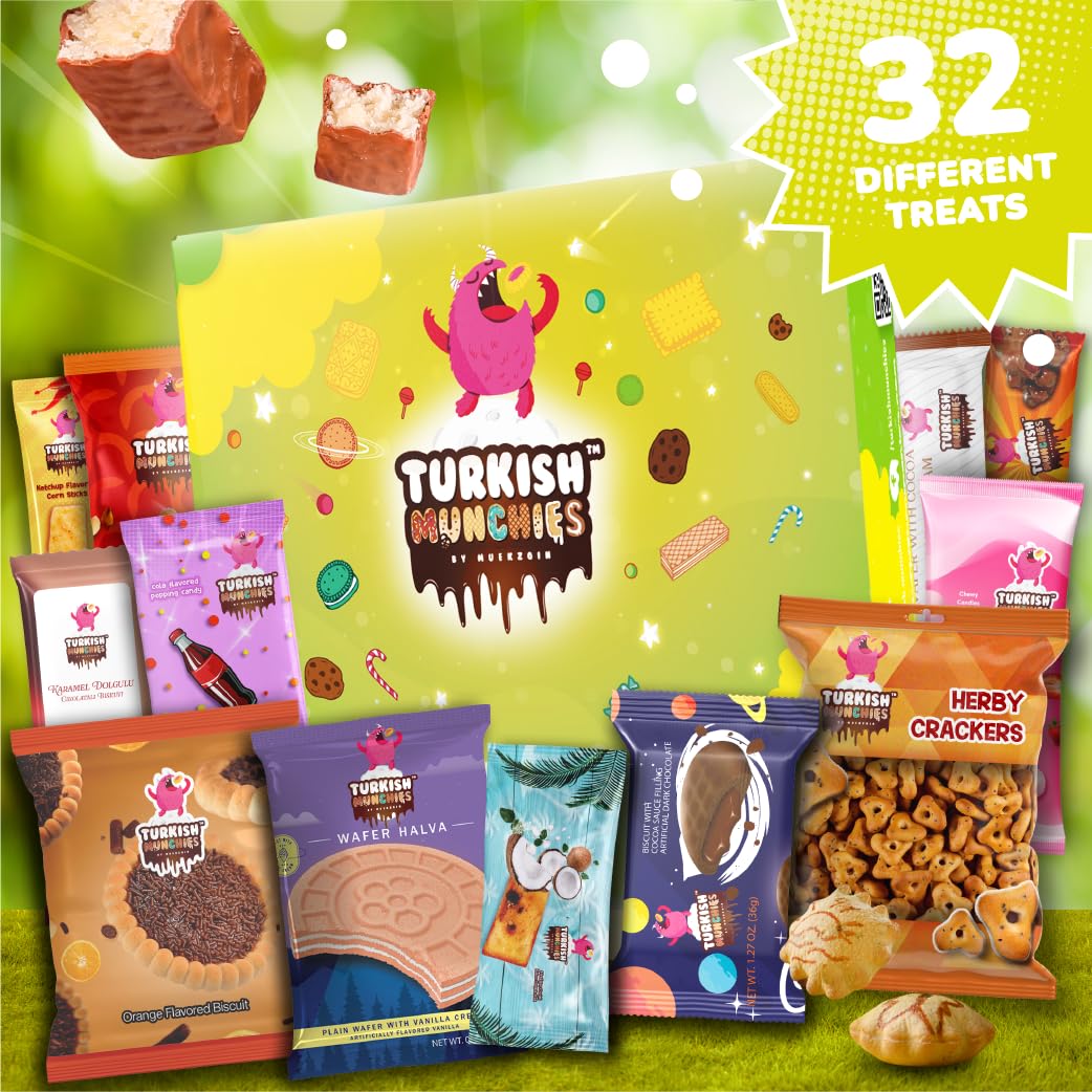 Dubai Chocolate Bar with Mega International Snack Box | Premium Exotic Foreign Snacks Unique Food Gifts Included Try Extraordinary Turkish Candies from Around the World 32 Full-Size