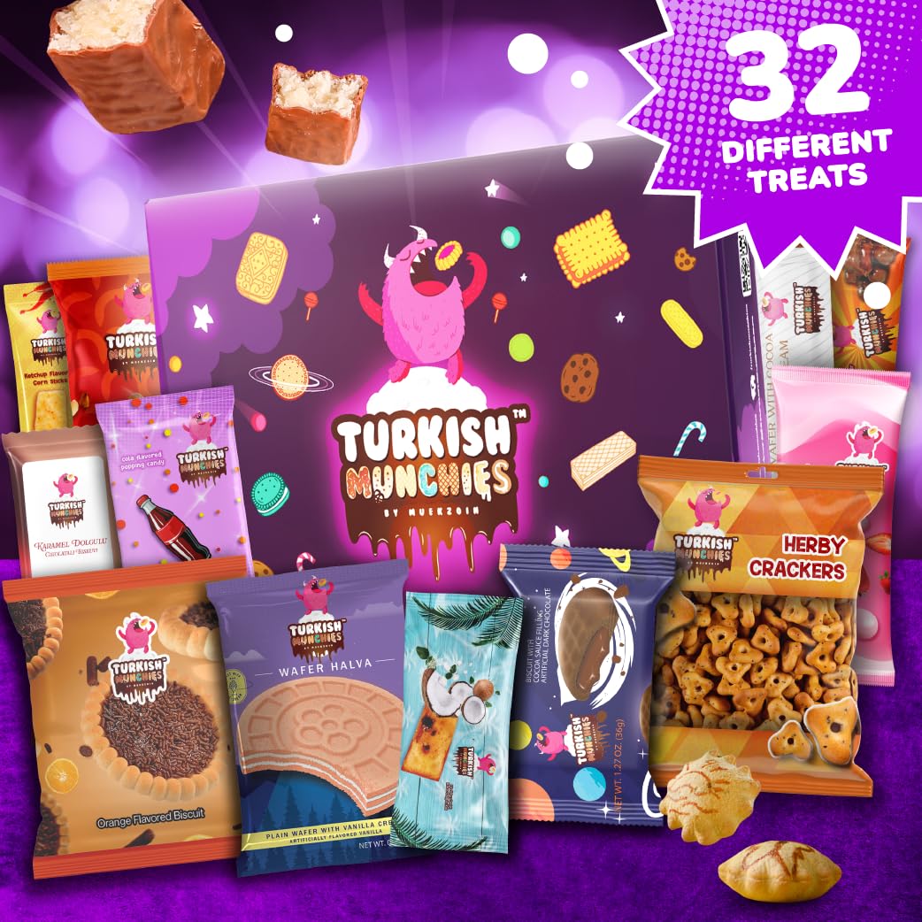 Dubai Chocolate Bar with Mega International Snack Box | Premium Exotic Foreign Snacks Unique Food Gifts Included Try Extraordinary Turkish Candies from Around the World 32 Full-Size