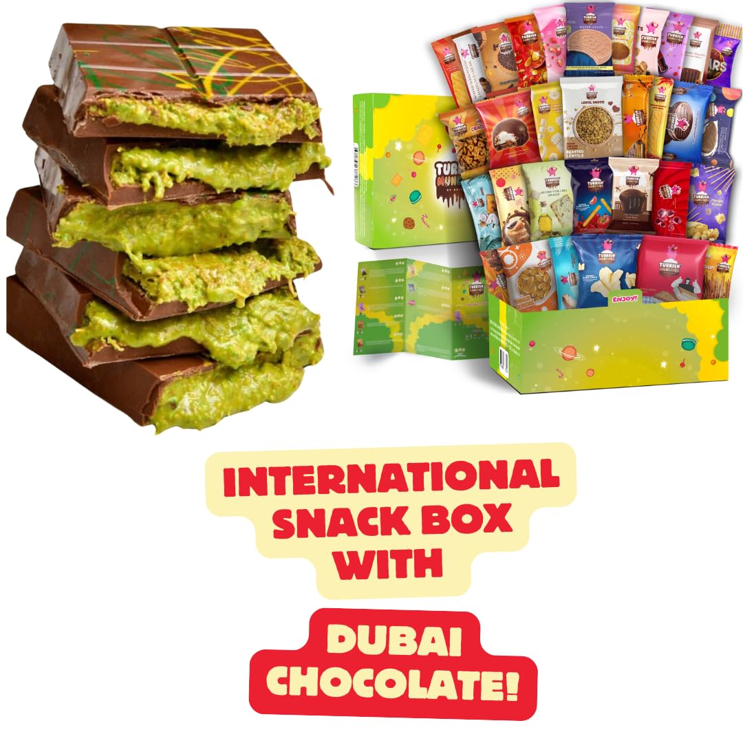 Dubai Chocolate Bar with Mega International Snack Box | Premium Exotic Foreign Snacks Unique Food Gifts Included Try Extraordinary Turkish Candies from Around the World 32 Full-Size