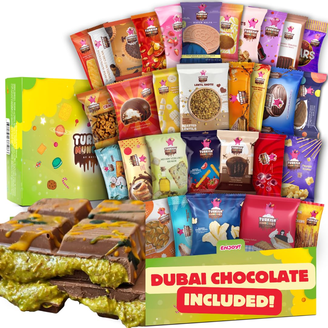 Dubai Chocolate Bar with Mega International Snack Box | Premium Exotic Foreign Snacks Unique Food Gifts Included Try Extraordinary Turkish Candies from Around the World 32 Full-Size