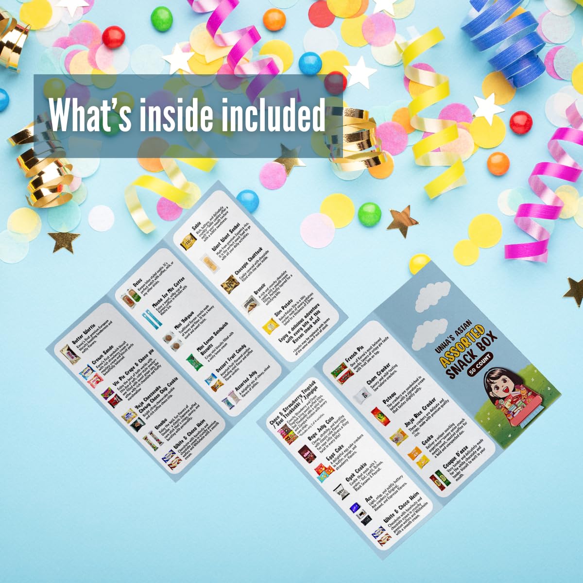 Korean snack box variety pack, 50 count individually wrapped, care package sampler with candy, cookies, chips, and treats, gift bundle for kids, students, adults, and snack lovers