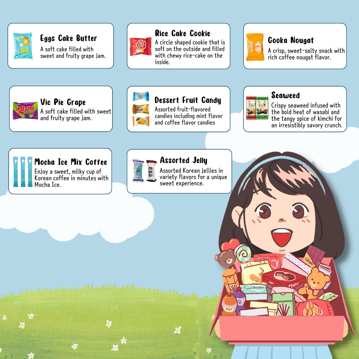 Korean snack box variety pack, 50 count individually wrapped, care package sampler with candy, cookies, chips, and treats, gift bundle for kids, students, adults, and snack lovers