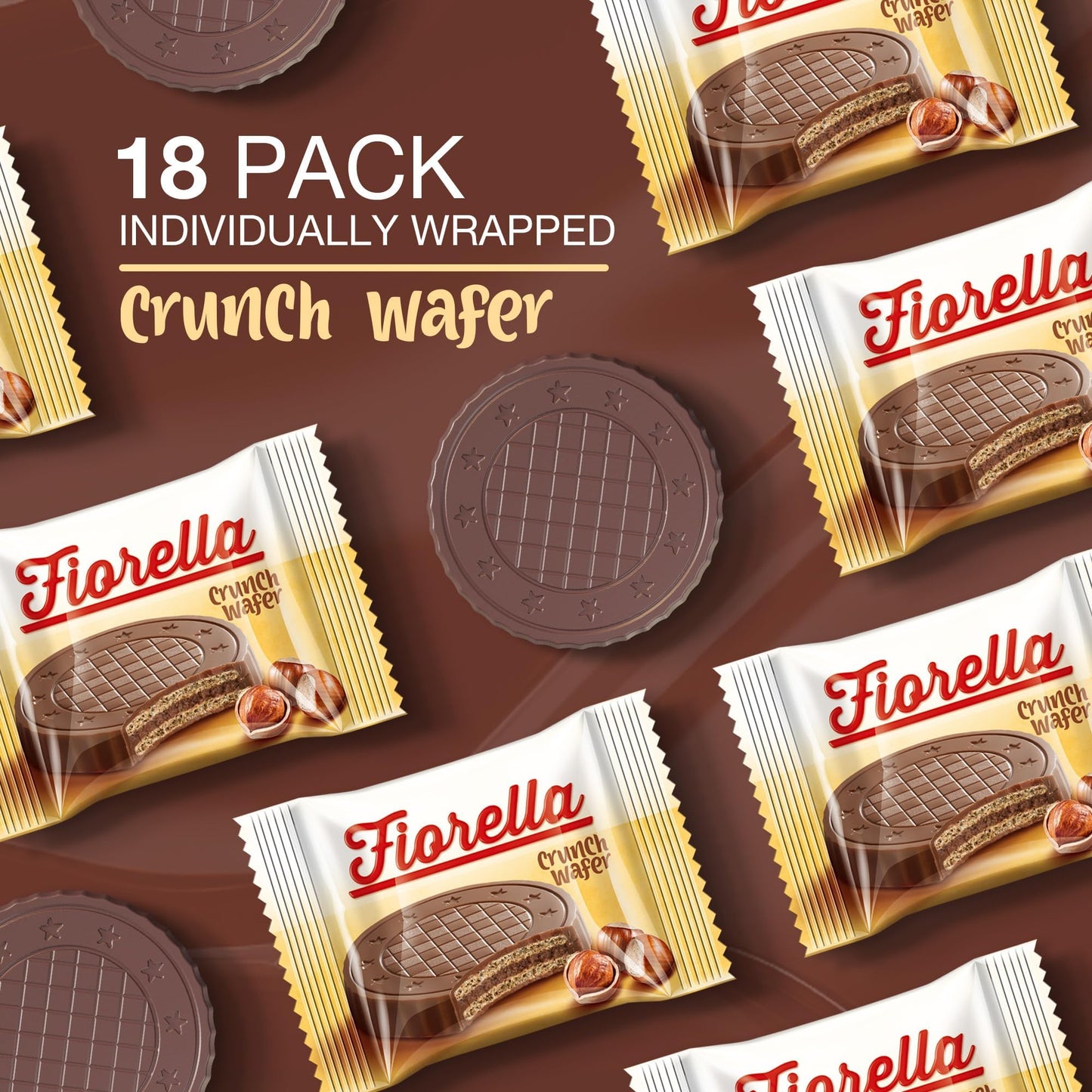 Fiorella Crunch Wafer Cookies - Delicious Chocolate Covered Crispy Thin Wafers with Layers of Hazelnut Cream Filling, Individually Wrapped, Perfect for Snacks, (Pack of 18)