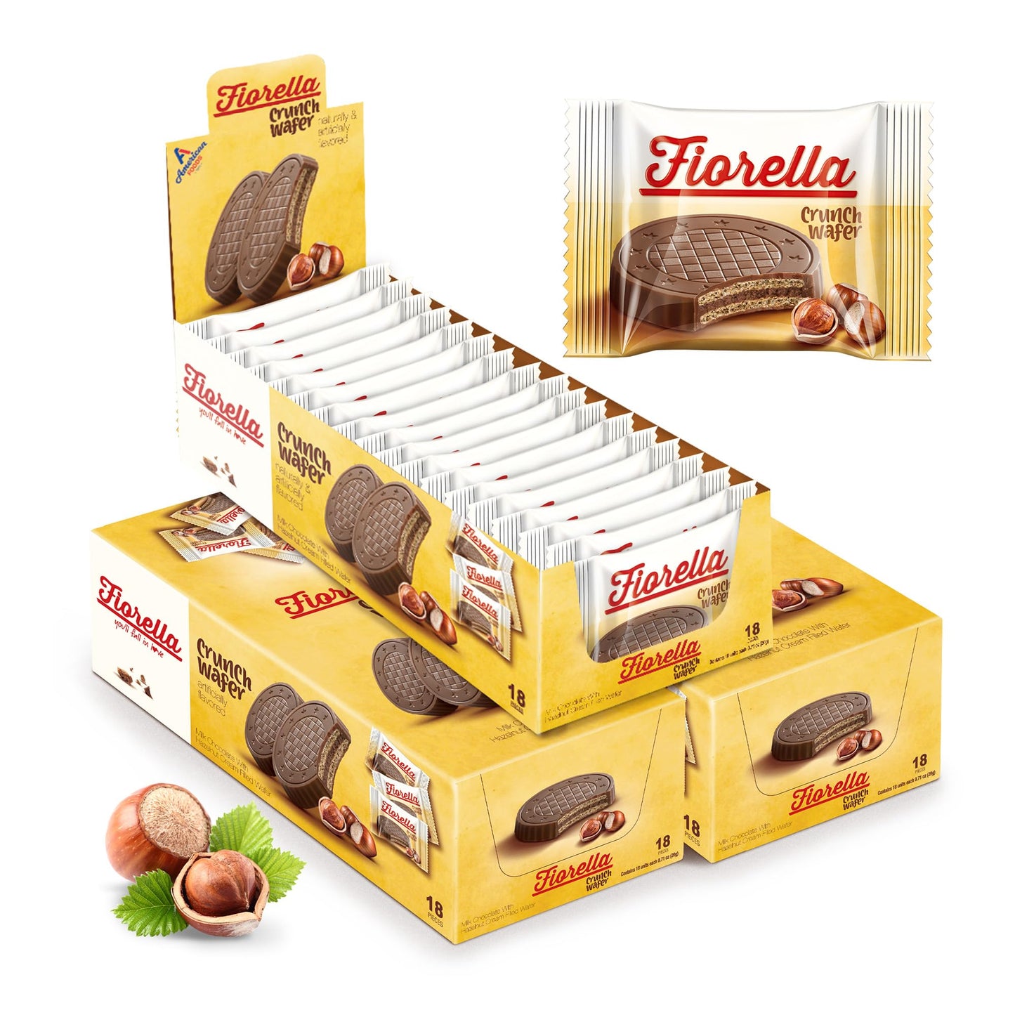 Fiorella Crunch Wafer Cookies - Delicious Chocolate Covered Crispy Thin Wafers with Layers of Hazelnut Cream Filling, Individually Wrapped, Perfect for Snacks, (Pack of 18)