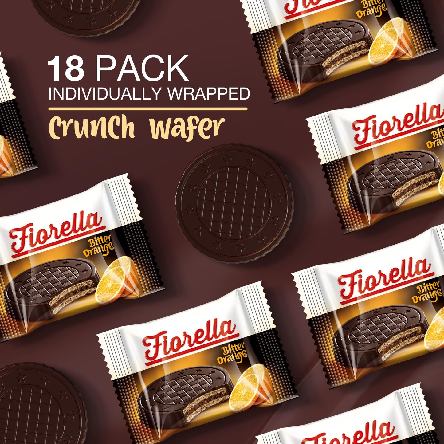 Fiorella Crunch Wafer Cookies - Delicious Chocolate Covered Crispy Thin Wafers with Layers of Hazelnut Cream Filling, Individually Wrapped, Perfect for Snacks, (Pack of 18)