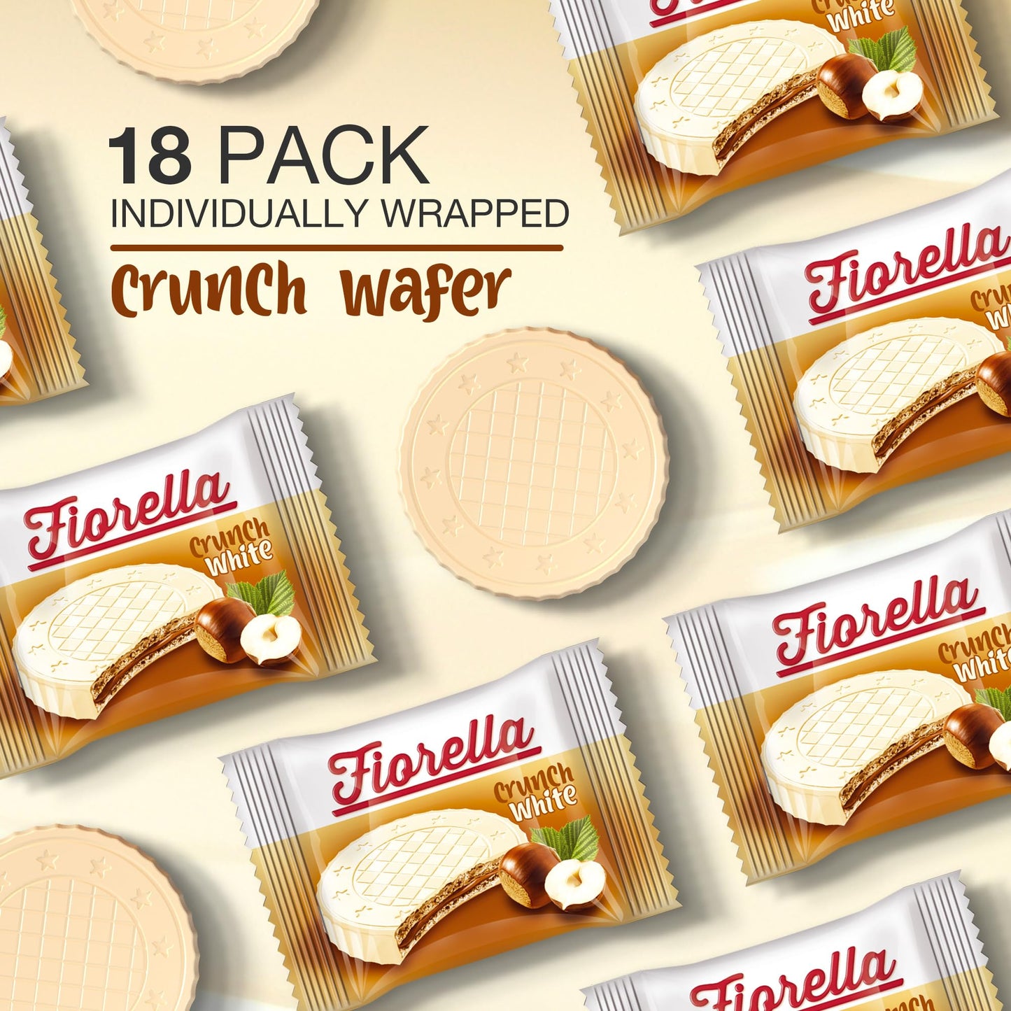Fiorella Crunch Wafer Cookies - Delicious Chocolate Covered Crispy Thin Wafers with Layers of Hazelnut Cream Filling, Individually Wrapped, Perfect for Snacks, (Pack of 18)
