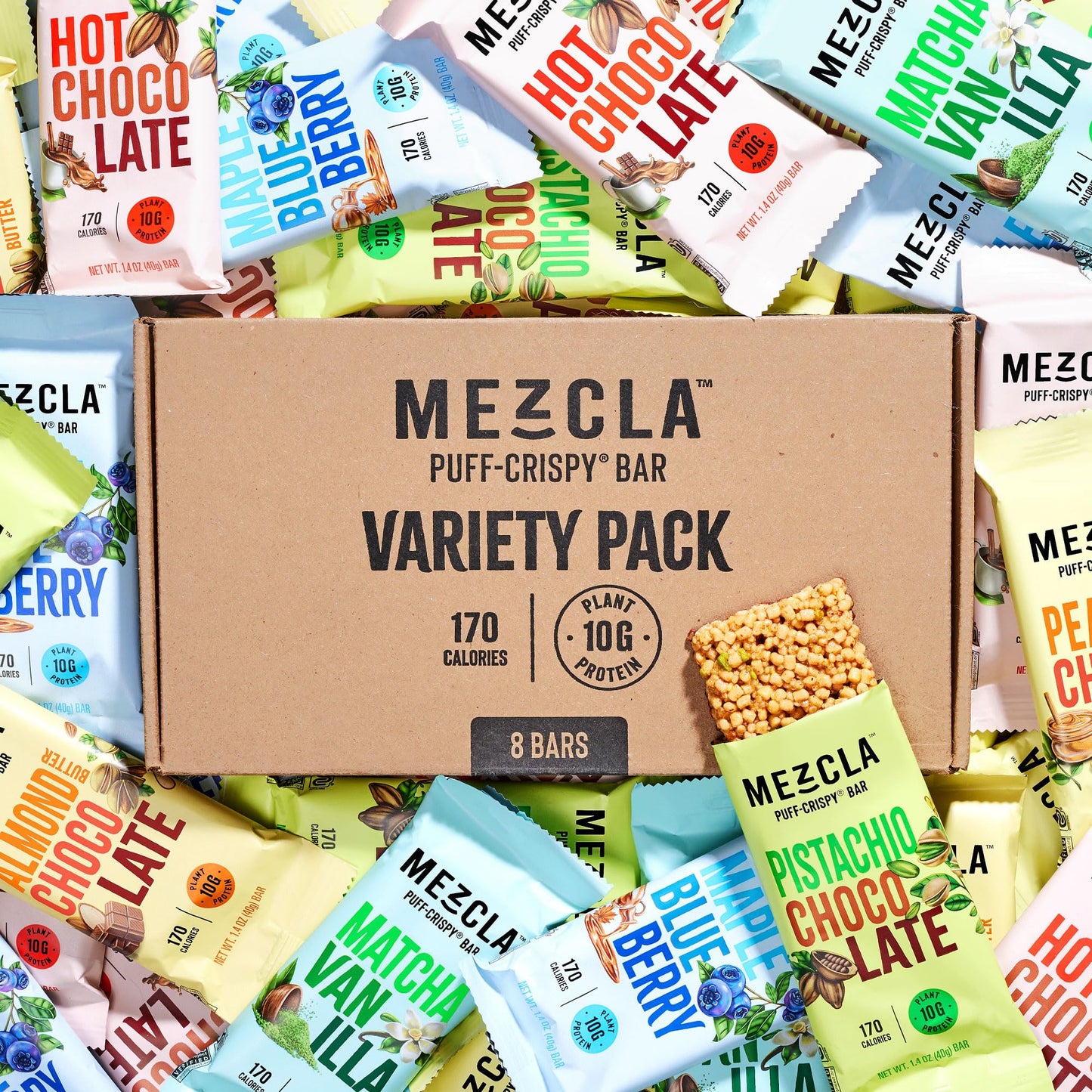 Mezcla Puff Crispy Protein Bars, Gluten Free & Vegan Protein Bars, 10g Protein, Alt for Crispy Rice Treat, Granola Bars & Breakfast Bars, Healthy Snacks for Adults, Variety Pack, 8 Count